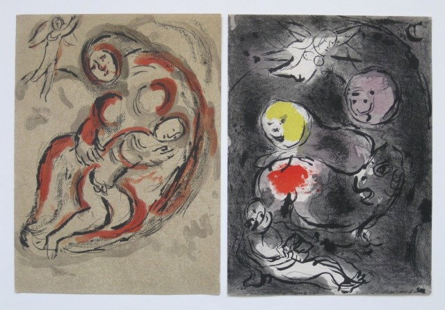 Marc Chagall- 2 lithographs in colors: Marc Chagall-''Le Prophete Daniel avec Lions'' & ''Agar Dans Le Desert''- 2 lithographs in colors, as published in possibly 'Derrriere Le Miroir' or other fine art journals, good condition. 14 x 10 1/