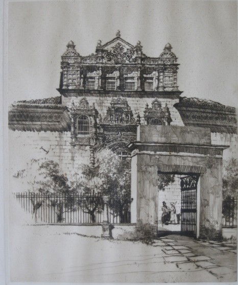 Samuel Chamberlain etching: Samuel Chamberlain- ''Hospital Santa Cruz, Toledo'' (Chamberlain 271)- drypoint, ca. 1934, signed and numbered 70/100 in pencil, paper age toned. 9 x 7 1/2''