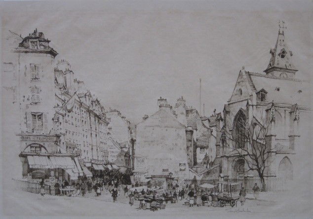 Samuel Chamberlain lithograph: Samuel Chamberlain- ''Rue Moufftard'' (Chamberlain 25)- lithograph, 1924, signed and numbered 9/35, slightly light struck, paper tape hinges in top 2 corners. 9 x 15''