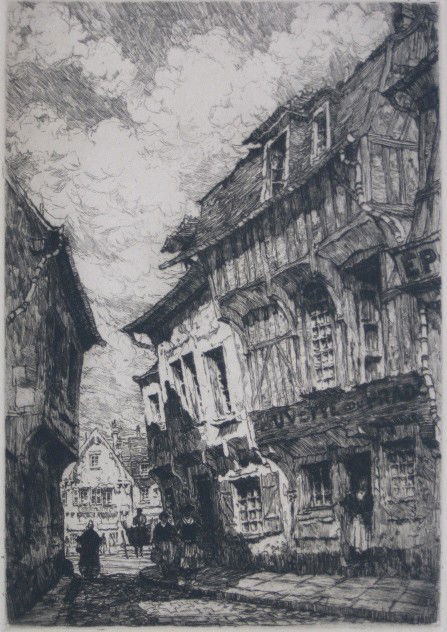 Samuel Chamberlain etching: Samuel Chamberlain- ''A Side Street in Beauvais'' (Chamberlain 1)- etching, 1925, signed and numbered 15/100 in pencil, light struck and mat burn. 13 1/4 x 9 1/4''