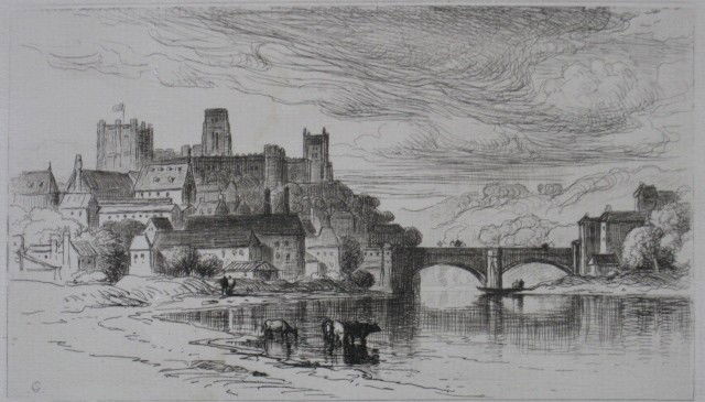 Samuel Colman etching: Samuel Colman- ''Durham, England''- etching, large stain that goes into image. 4 1/2 x 7 3/4''