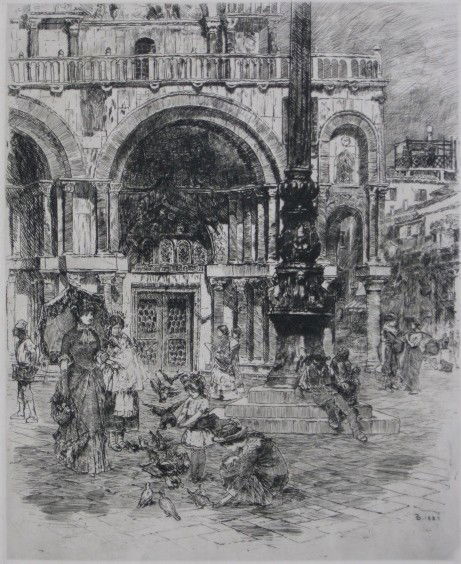 Frank Duveneck etching: Frank Duveneck- ''Piazza San Marco'' (Poole 15)- etching, restrike, stamped 'Printed by L. H. Meakin'- verso. 13 1/4 x 10 3/4''
