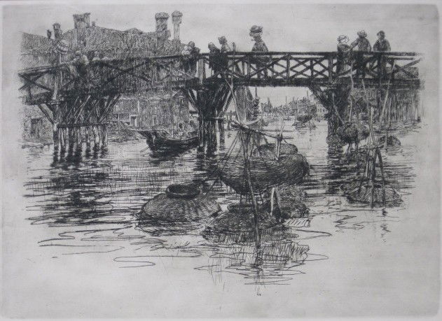 Frank Duveneck etching: Frank Duveneck- ''San Pietro in Castello'' (Poole 18)- etching, 1883, restrike, stamped 'Printed by H. H. Wessel / Cincinnati Museum Association'- verso, light struck, some mat burn. 11 5/8 x 16 1/16'