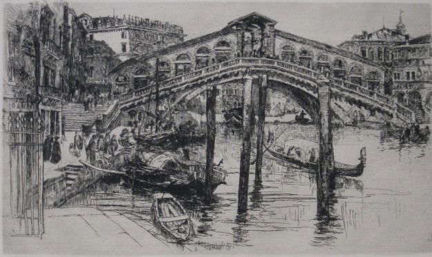 Frank Duveneck etching: Frank Duveneck- ''The Rialto, Venice'' (Poole 23)- etching, 1883, restrike, stamped 'Cincinnati Museum Association / Printed by H. H. Wessel'- verso, 3'' tear along top edge goes about 2'' into image.