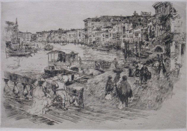 Frank Duveneck etching: Frank Duveneck- ''View of The Grand Canal, Venice'' (Poole 24)- etching, 1883, restrike, stamped 'Printed by L. H. Meakin'- verso, light struck, some mat burn. 10 7/8 x 15 3/4''
