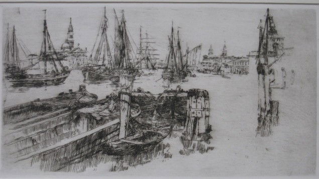 Frank Duveneck etching: Frank Duveneck- ''Shipping On The Guideca'' (Poole 25)- etching, 1883, restrike, stamped 'Cincinnati Museum Association / Printed by L. H. Meakin'- verso, very good condition. 10 1/4 x 18 15/16''