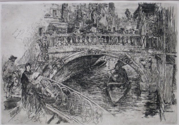 Frank Duveneck etching: Frank Duveneck- ''Venetian Bridge'' (Poole 26)- etching, 1884, restrike, stamped 'Cincinnati Museum Association / Printed by H. H. Wessel'- verso, very good condition. 10 15/16 x 15 1/2''