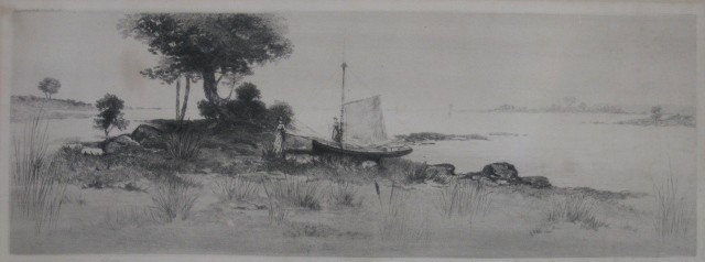 James Fagan etching: James Fagan- Landscape with Lake and Sailboat- etching, 1890, laid down, foxing and staining, abrasion to paper in margins.