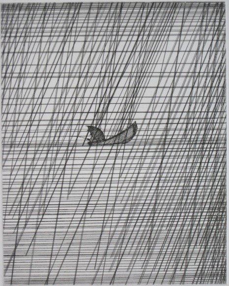Art Hansen etching: Art Hansen- ''Fisherman in A Rainstorm''- etching, 1982, signed, dated, titled and numbered 120/250 in pencil, AAA publication, very good condition. 10 x 8''