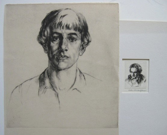 Arthur W. Heintzelman 1 etching and 1 drypoint: Arthur W. Heintzelman- 1.) ''Study of Young Beethoven'' (Smith 254)- etching, 1941, signed in pencil, edition of 250, done for the Miniature Print Society with original presentation sleeve; 2.) ''Youn