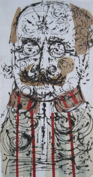 Misch Kohn etching: Misch Kohn- ''The General''- etching in colors, 1958, signed, dated, titled and inscribed '30 imp' in pencil, taped to bottom support with paper tape on all 4 edges, very slightly light struck, otherw