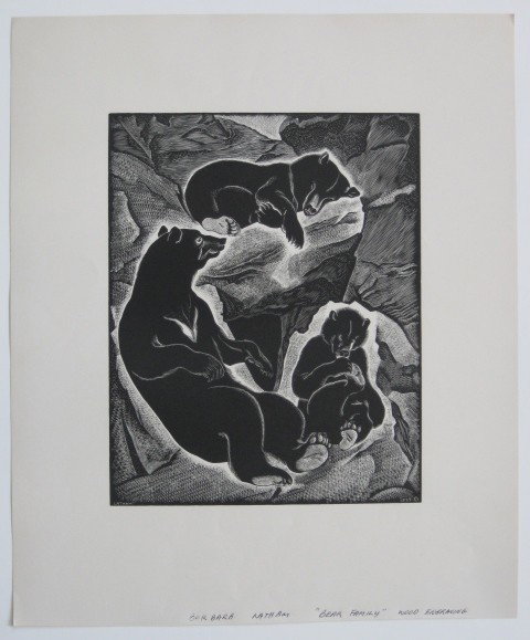 Barbara Latham wood engraving: Barbara Latham- ''Bear Family''- wood engraving, 1936, edition of about 200, published by AAG, very good condition. 10 x 8''