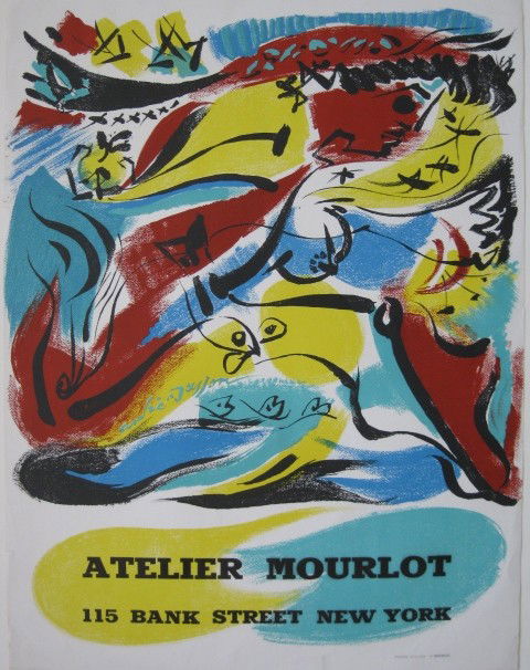 after Andre Masson lithographic poster: after Andre Masson- ''Atelier Mourlot''- lithographic poster in colors, published by Mourlot, 2 small tears on edges. 28 x 21''
