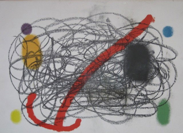 Joan Miro lithograph: Joan Miro- Untitled- lithograph in colors, numbered 84/300, blind stamp of Maeght Editeurs, soiling throughout. 16 1/2 x 21''