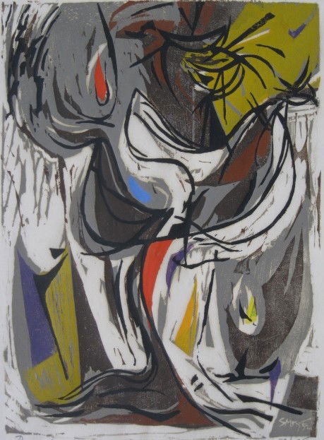 Seong Moy lithograph: Seong Moy- ''Dancer in Motion''- lithograph in colors, 1952, signed, dated, titled and numbered 83/225 in pencil, glued to presentation sheet at upper corners verso otherwise very good condition. 16 1