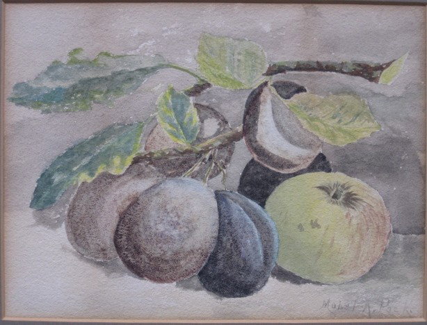 Mabel A. Peck watercolor: Mabel A. Peck- Still-Life of Fruit- watercolor on paper, signed lower right, minor staining and foxing throughout.
