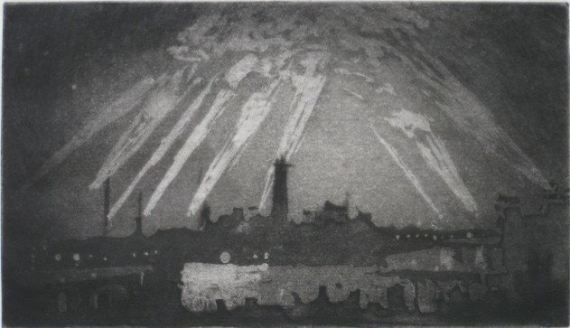 Joseph Pennell aquatint: Joseph Pennell- ''The Shot Tower London in War Time'' (Wuerth 690)- aquatint and dust ground, illustration number 37 in 'Etchers and Etching', published 1920, very good condition. 4 x 6 7/8''