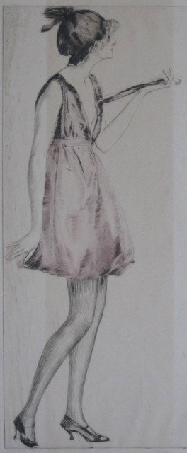 Max Pollak etching in colors: Max Pollak- ''Isa Marsen''- etching in colors, signed and titled in pencil, slightly light struck, old masking tape along top and bottom edge, margins have been folded for framing. 14 1/8 x 6 1/4''