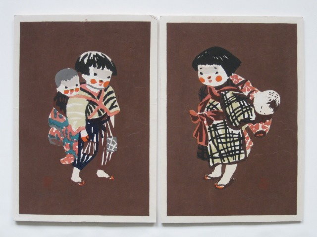 Kiyoshi Saito- 2 woodblocks: Kiyoshi Saito- Young Boy and Girl Carrying Babies- 2 woodblocks in colors, both signed in pencil in the image, both are drymounted to foam core, some scuffs in image. 14 1/4 x 9 3/4'' ea.