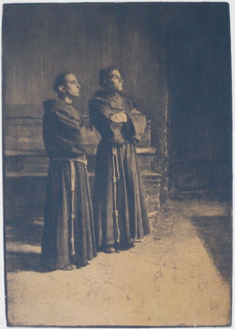 Ferdinand Schmutzer etching: Ferdinand Schmutzer- Monks- etching in two colors, signed in pencil, soiling in margins. 15 1/8 x 10 1/2''