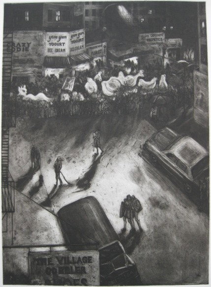 Sarah Sears etching and aquatint: Sarah Sears- ''Halloween Parade''- etching and aquatint, 1987, signed, dated, titled and numbered in pencil, edition of 50, very good condition. 21 3/4 x 15 1/2''