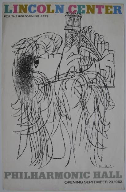 Ben Shahn lithographic poster: Ben Shahn- ''Lincoln Center For The Performing Arts'' (Prescott 177)- photo off-set in black with silkscreen in colors, edition of 10,000, edges rough, minor staining along top edge. 43 1/2 x 28 7/8''