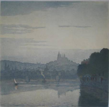 Tavik Simon etching: Tavik F. Simon- ''Silhouette of The Hradcan in the Evening'' (Novak 406)- soft-ground and aquatint in colors, 1924, signed in pencil, and stamped, edition of 250, soiling in margins and small tears al