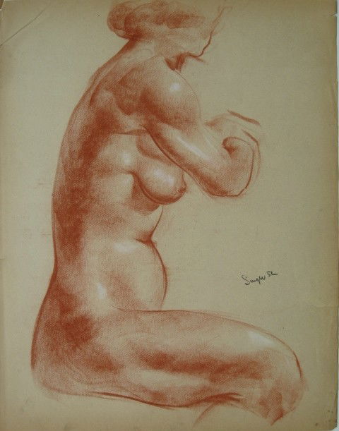 Clyde Singer sanguine crayon drawing: Clyde Singer- Seated Female Nude- sanguine crayon on paper with white highlights, 1952, signed Singer 52- lower right, tear around edges. 22 1/2 x 16''