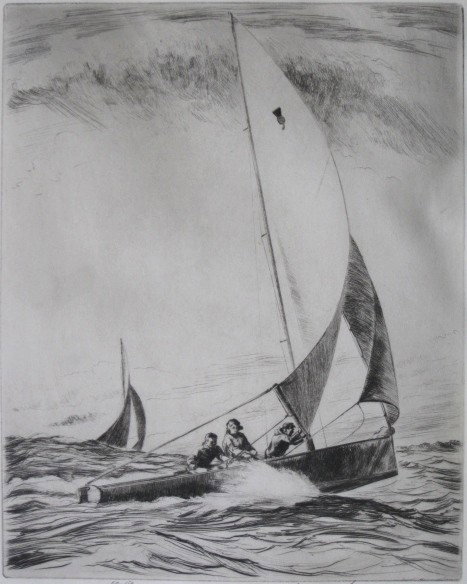 Yngve Edward Soderberg etching: Yngve Edward Soderberg- ''Breezing Up''- etching, signed and annotated 'Ed 150' in pencil, very good condition. 9 7/8 x 7 7/8''