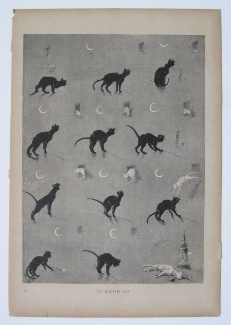 Theophile Steinlen lithograph- cat: Theophile Steinlen- ''Un Mauvais Pas''- lithograph, paper age toned. 17 x 12''(sheet)