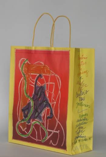 after Frank Stella shopping bag: after Frank Stella- Untitled- off-set lithograph on bag, this was a promotional bag for the Dayton Shopping center, un-used condition, one small tear 1/4'' at edge. 18 1/2 x 15 15/16''