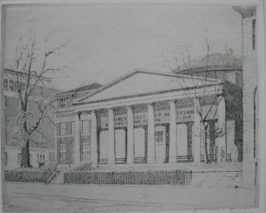 Don Swann etching: Don Swann- ''University of Maryland Medical School''- etching, signed, titled and numbered 199/200 in pencil, very good condition. 6 1/4 x 7 3/4''