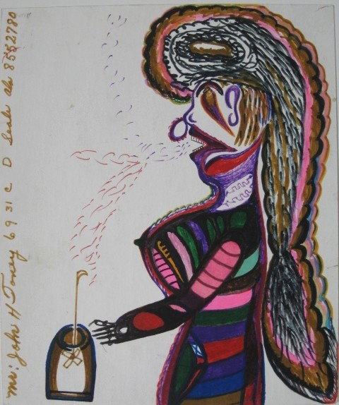 John Toney marker drawing: John Toney- ''An Old Fashioned Woman Singing and Churning''- color magic marker on paper, signed 'Mr. John H. Toney 6931 C D Seale Ala 8552780' along left side. 13 1/4 x 11 1/8''