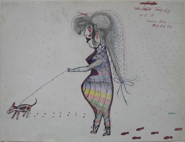 John Toney marker and graphite drawing: John Toney- ''She's Gonna Have Twins''- color magic marker and graphite on paper, signed 'Mr. John Toney 68 / 31 C D / Seale Ala... / 865.2479', some smudging, throughout. 18 1/2 x 25 1/2''