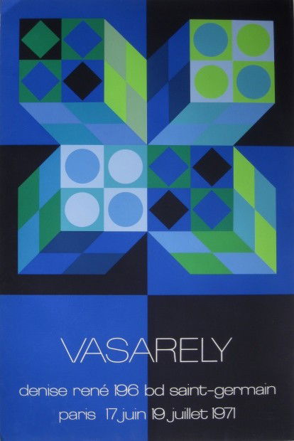 after Victor Vasarely silkscreen poster: after Victor Vasarely- ''Denise Rene 196 bd Sait-Germain, Paris - June 17th - July 19th 1971''- silkscreen poster in colors, various fine scratches throughout and minor areas of loss in corners, other