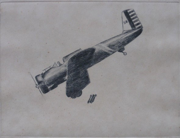 Richard B. Wales etching: Richard B. Wales- Dropping The Bombs- etching, signed and numbered 5/20 in pencil, light struck, 3 3/4 x 5''