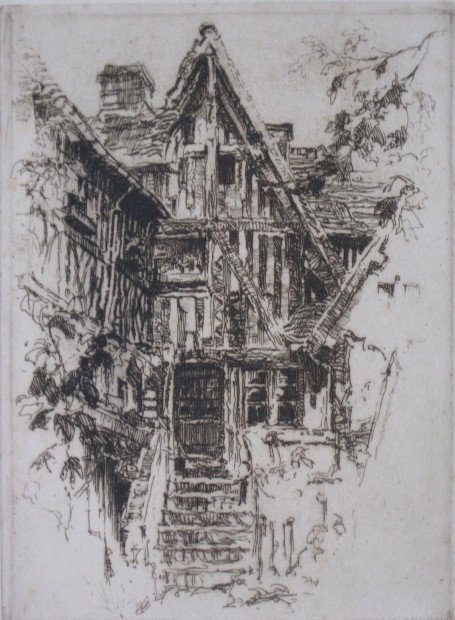 A. C. Webb etching: A. C. Webb- ''Vieille Maisons, Normandie''- etching, signed, titled and numbered 45/75 in pencil, staining and foxing throughout. 8 x 5 3/4''