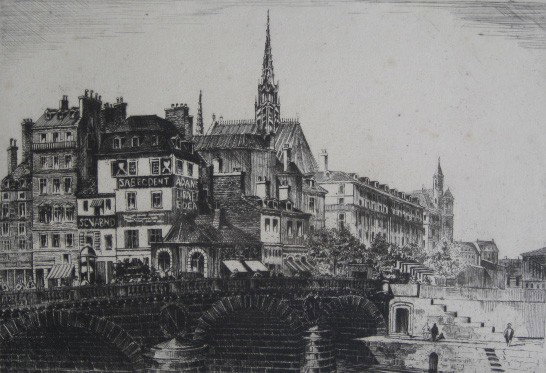 Frank Whiting etching: Frank P. Whiting- ''Napoleon Bridge, Paris''- etching, signed and titled in pencil, slightly light struck, 2 old masking tape hinges at top edge, minor foxing throughout recto and verso. 8 3/8 x 12''