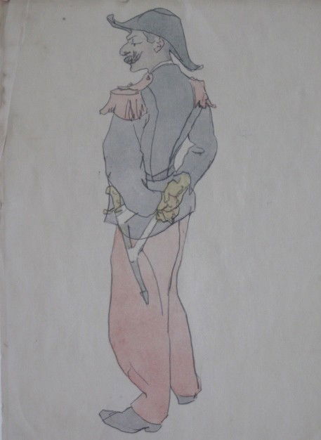 Frank Wilcox graphite drawing: Frank Wilcox- Soldier- watercolor and graphite on paper, signed Frank Wilcox lower right, some soiling, top edge of paper rough. 12 1/2 x 4 1/2''