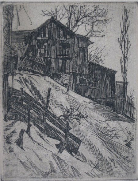 Frank Wilcox etching: Frank Wilcox- Old Houses- etching, signed in pencil, slightly light struck, verso age toned, loss in corners of paper well away from image. 7 1/8 x 5 1/2''