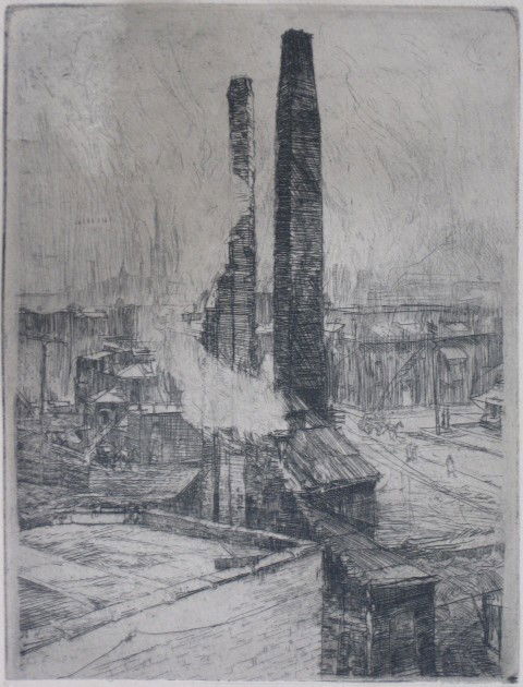 Frank Wilcox etching: Frank Wilcox- Cleveland Flats- etching, signed in pencil, slightly light struck, verso age toned, soiling throughout. 7 1/8 x 5 1/2''