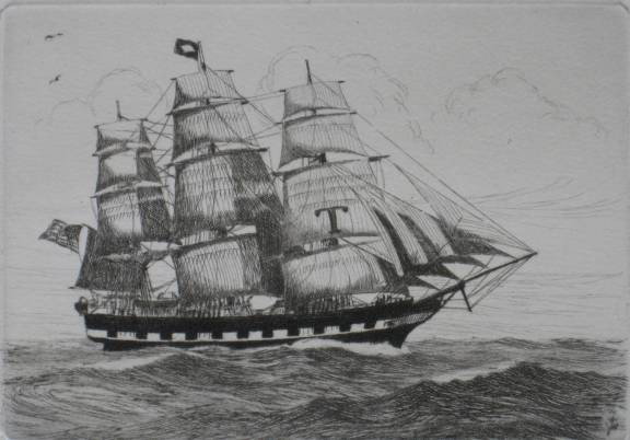 Charles J. A. Wilson etching: Charles J. A. Wilson- ''Anglo-American, Boston - Liverpool Packet Ship''- etching, signed and titled in pencil, very good condition. 3 1/2 x 5''