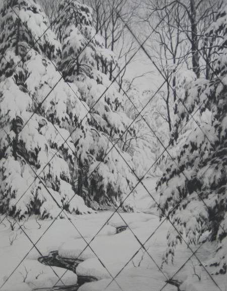 Ronau Woiceske etching: Ronau W. Woiceske (American 1887-1953)- ''Deep in Winter''- etching, signed and annotated 'Deep in Winter from the destroyed plate' in pencil, two old masking tape. 14 x 10 3/4''