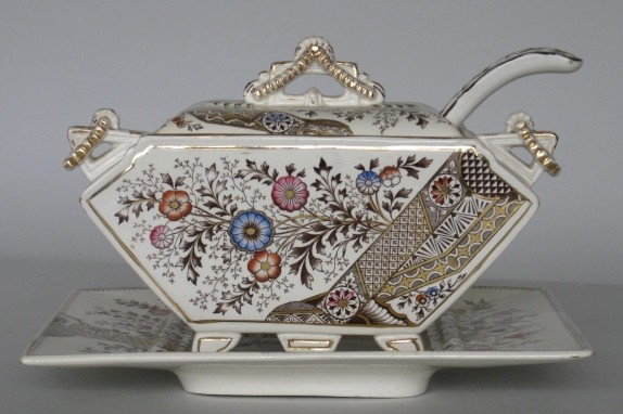 English porcelain soup and under plate, cake stand: English porcelain soup tureen with under plate, and cake stand- floral motif with gilt accents, light crazing, couple hairline inside of lid, few chips on bottom of underrate and tureen, otherwise goo