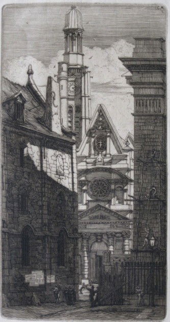 Charles Meryon etching: Charles Meryon- ''Saint-Etienne-Du-Mont'' (Schneiderman 25vi)- etching and drypoint, 1852, staining in margins. 9 7/8 x 5 1/8''