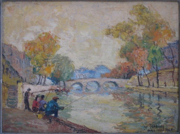 Ladislao V. Cheney oil: Ladislao V. Cheney- ''Seine''- oil on panel, 1953, signed and dated L. Cheney Paris 1953, Chile- lower right, good condition. 9 1/4 x 12 1/2''