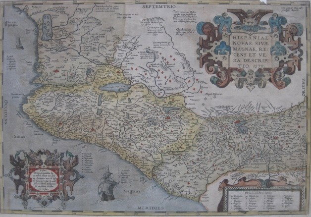 Ortelius (Abraham) engraved hand-colored map: Ortelius (Abraham)- ''Hispaniae Novae Sivae Magnae Recens et Verao Descriptio, 1579''- the coast of Mexico from Mazatlan to Tecpan, strap-work title cartouche and ships, engraved map with original han