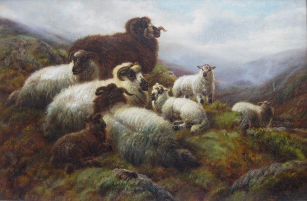 Robert Watson oil: Robert Watson (British 1865-1916)- Highland Sheep- oil on canvas, 1909, signed R. Watson 1909- lower right, three small areas of in-painting- 2 in sky, 1 in sheep. 23 x 35''