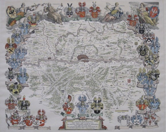 Johan et Cornal Blaeu hand-colored engraved map: Johan et Cornal Blaeu- ''Novam Hanc Territorii Francofurtensis Tabulam''- hand-colored engraved map framed by the allegorical figures of Justice, Consilium, Concordia and Pax as well as by numerous ar