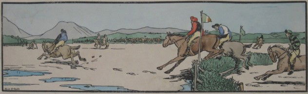 Jack B. Yeats 2 woodcuts: Jack B. Yeats- The Steeple Chase- 2 woodcuts with hand-coloring, some water stains. 5 x 16 3/4''ea.